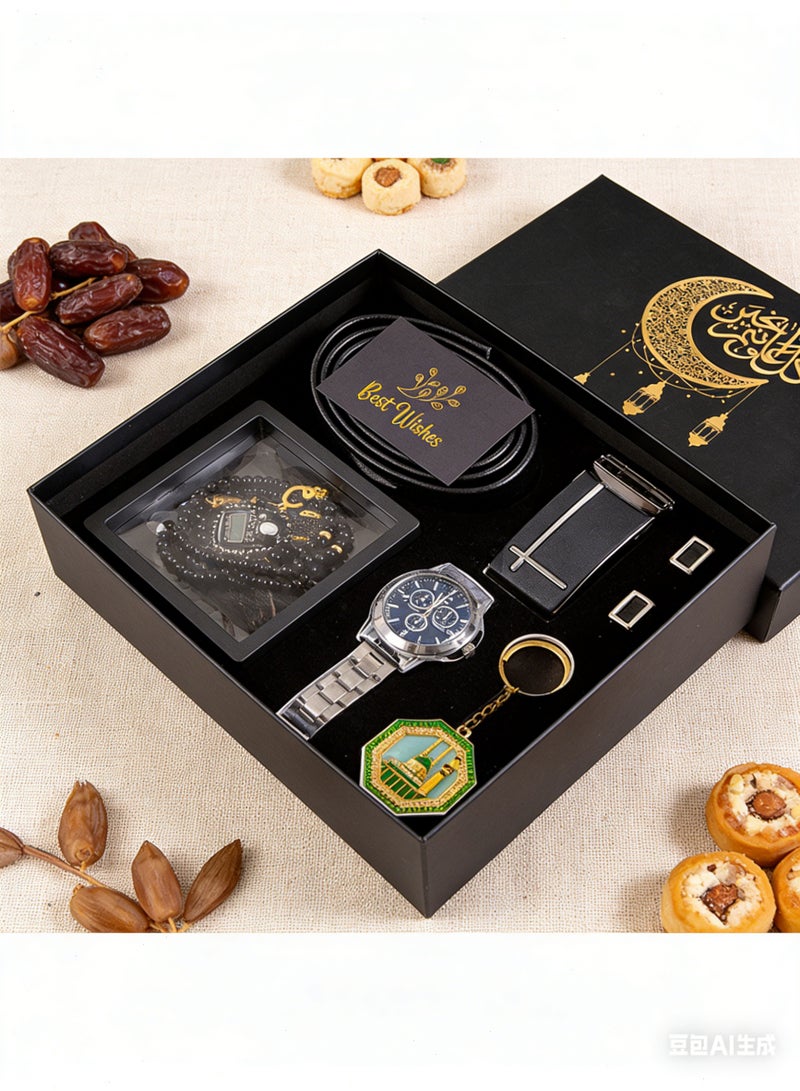 يواوليتي مجموعة هدايا فاخرة للرجال - صندوق هدايا فاخر مكون من ست قطع يحتوي على ساعة وحزام وسوار وجهاز عد جيب وأزرار أكمام وميدالية مفاتيح. الهدية المثالية لعيد الأب أو الذكرى السنوية للأباء والأصدقاء - Image 1